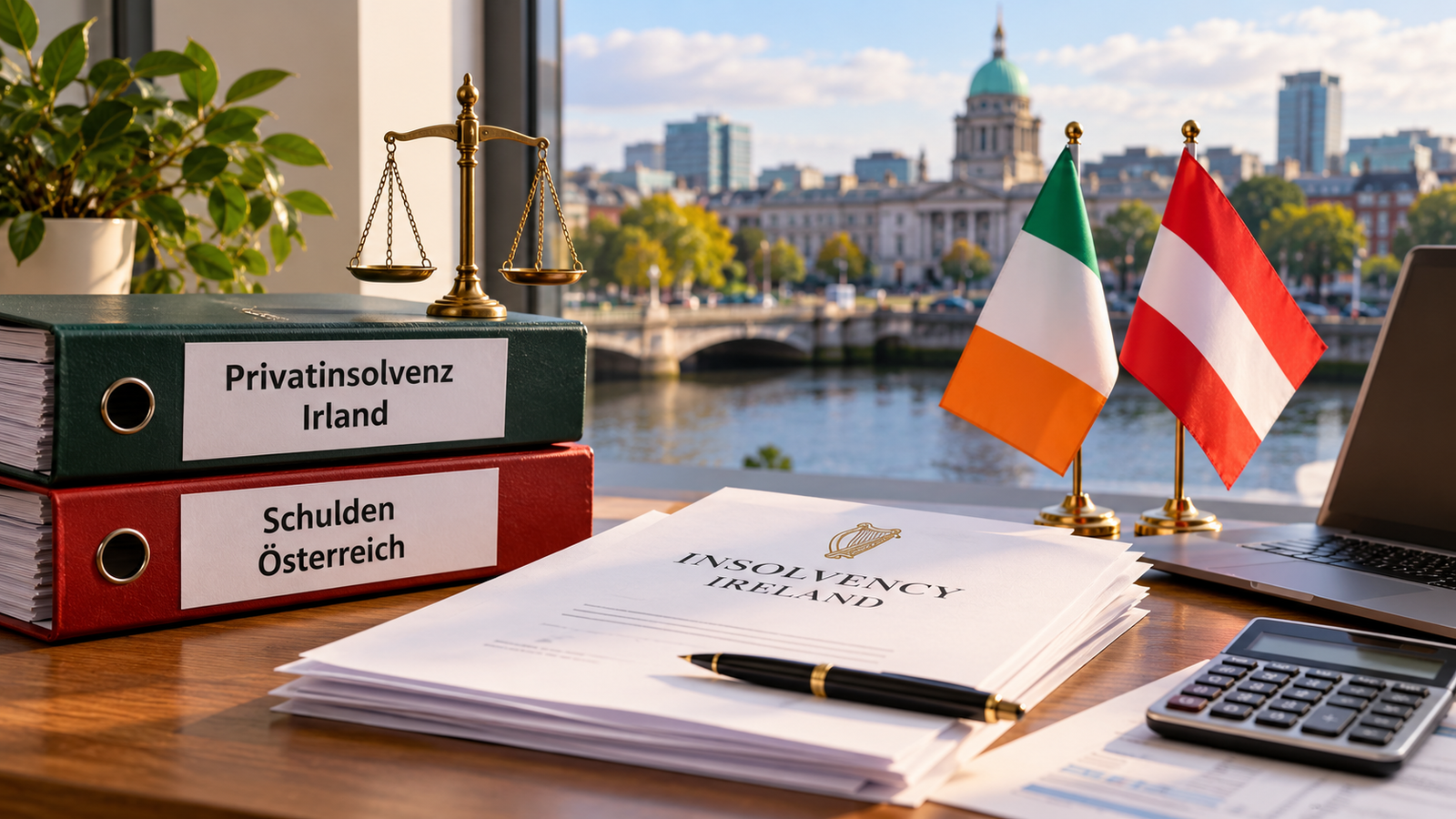 Privatinsolvenz Irland Österreich – österreichische Schulden, Insolvenzunterlagen und Flaggen von Irland und Österreich