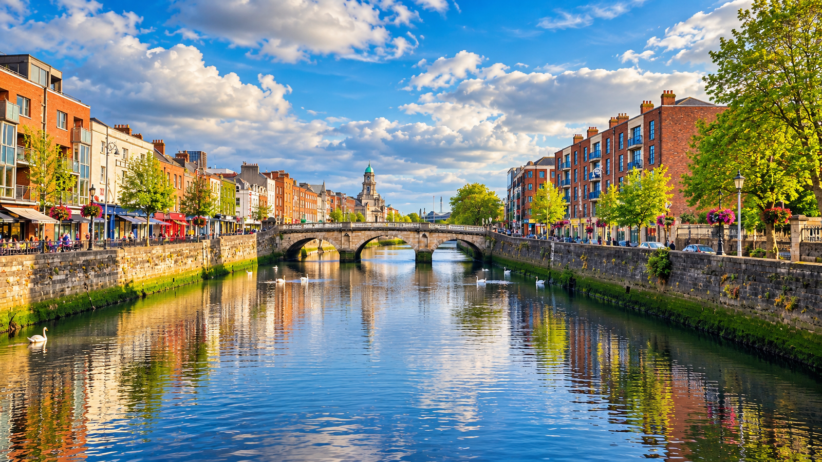 Wohnsitzverlagerung nach Irland – Stadtansicht von Dublin mit Fluss und Brücke, Aufbau des Lebensmittelpunkts und COMI für die Privatinsolvenz in Irland